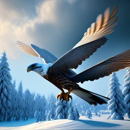 portrait of a bird of prey, feathers, extremely sharp detail, finely tuned detail, ultra high definition, 8k resolution, dynamic lighting, unreal engine 5, ultra sharp focus, mountains, winter landscape, background trees