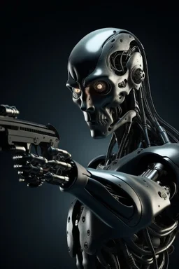 a scary cyborg with a gun searching for humans looking right and far away