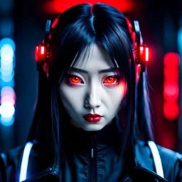 alluring intense focused Japanese goth female hacker, glowing red eyes, thin face