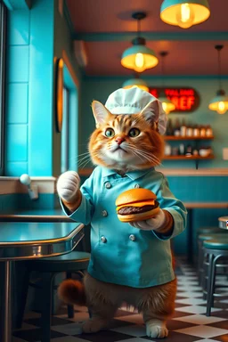 A restaurant interior shot run by anthropomorphic cute little cat wearing CHEF themed kitchen clothes, serving a cheeseburger in Wes Anderson cinematography, teal pastel color scheme