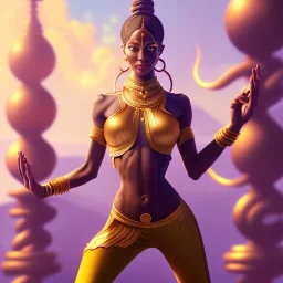 dhalsim as woman, yoga artist on a boat in the air, maze background , levitated lab equipment, 4k, Highly Detailed, Masterpiece, perfect eyes, Digital Illustration, Cinematic Lighting, Realistic, Sharp Focus, Centered, Beautifully Lit, Bioluminescent by Stanley Artgerm Lau