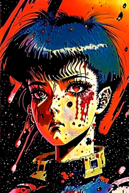 90s old school anime illustration, sci fi, portrait of a tough female space Captain girl, beautiful symmetrical face, Androgynous, pixie style haircut, sparkling or glittering black hair, pixie cut, blood splattered on her scared, rattled and shook face, space uniform is tattered and ripped with dripping blood, as if she just escaped torture, depraved art, junji ito style, pulp science fiction aesthetic, rotoscoping, violent background and undertone, space battle, feminist art, japanese horror