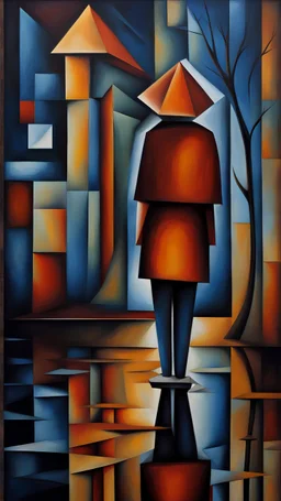 I stand here with the loneliness you left me with crying in rain . Cubism style painting.