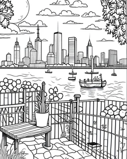 Create a serene black and white coloring page showcasing the peaceful waterfront of Battery Park, offering a picturesque view of the harbor and the distant Statue of Liberty. Remove the black background to make it an enjoyable coloring experience for both kids and adults.