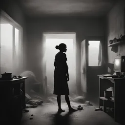 Crie uma representação visual que capture a exaustão enfrentada pelas mulheres devido à carga tripla de trabalho, especialmente no contexto do trabalho invisível de cuidado no Brasil. A imagem deve transmitir a sensação de esgotamento físico e emocional. Apresente a silhueta de uma mulher em meio a uma atmosfera pesada dentro de uma casa com crianças , com expressão facial cansada e postura curvada. Adicione ela dentro de uma casa, com crianças e um ambiente bagunçado que represente a falta d