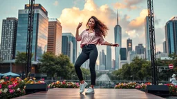 beautiful lady with makeup in pants and pretty shirt curvy long hair sport shoes dancing in a open stage in a modern city cnter,modern city escape at dintant ,flowers and trees ,pretty clouds