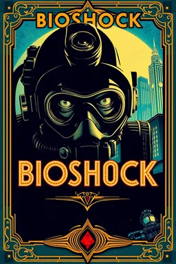 stunning stylish movie poster of BIOSHOCK movie with traditional Art Deco style with intricate borders, elegant typography, perfect lettering and vibrant colors typical to the era, gold nuances, turquoise, black and bronze, Bright and shiny, "BIOSHOCK" written in perfectly clear art Deco letters, gold and black, BIG DADDY deep sea diver features, art deco retro futuristic buildings of Rapture from the video game in the background