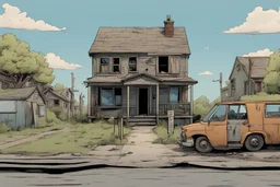 house, dilapidated, post-apocalypse, front view, street , road signs, comic book, cartoon