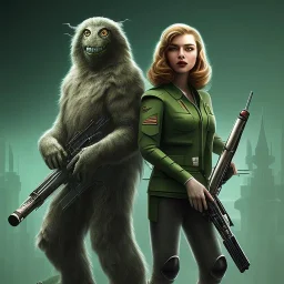 movie poster with upper body of 2 characters for the game paranoia, one in gaping stick with green transparency background