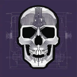 FLAT VECTOR LAYERED IMAGE OF CYBERNETIC SKULL PARTS IN A SCHEMATIC, BLACK AND WHITE, AUTOCAD, FINE LINE BLUEPRINT,