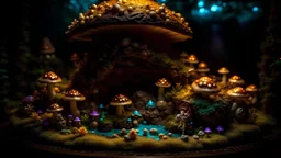 DND miniature made of fungus, spores, mushrooms, and crystals, in a cave at night.