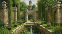 An oil painting of a walled garden with a pond and a fountain, the garden is enclosed by a high brick wall, with a doorway leading to a path through a field, the pond is in the center of the garden, and it is surrounded by lush green plants, the fountain is on the right side of the pond, and it is made of stone, the painting is done in a realistic style, with attention to detail, the colors are muted and earthy, and the overall effect is one of peace and tranquility, the sky is overcast, and the
