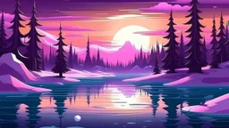 cartoon illustration: beautiful magic frozen lake with pines and purple sky