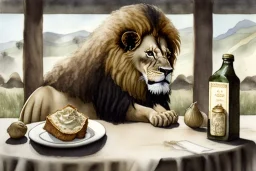 Lion sitting at a table. A staple of garlic bulbs on the table. Package if milk. Highly detailed, smooth colours, realistic landscape. Aquarell