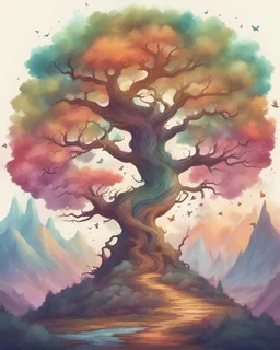 a colorful magical tree, fantasy, detailed , , mountains and forest background, by babsdraws