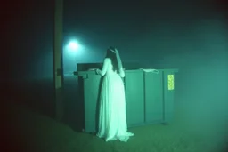 low res, low quality picture, high film grain, terrifying scene of a ghostly girl wearing a long ghostly white gown leaning out from behind a dumpster on a foggy night, found footage horror, low contrast, night vision, static haze