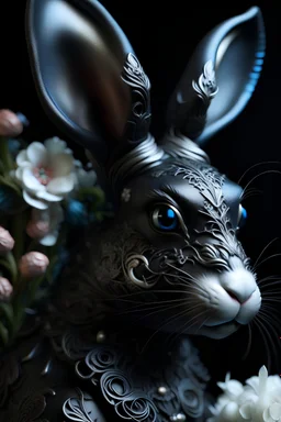 Black Rabbit portrait, textured detailed fur adorned with baroque style grey and black and rlight blue bioluminescence pearls, white lily and black diamond headdress, florals, organic bio spinal ribbed detail of detailed creative 3d baroque style light white floral by moonlight background extremely detailed hyperrealistic maximálist concept art