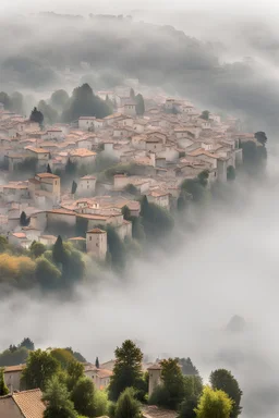 small lake town in southern France covered in fog