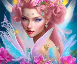 beautiful bright fairy portrait who smiles with long hair, thin face, two hands, two transparent wings on her back in a pink,blue, yellow flowers background,