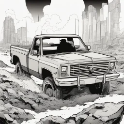 pickup truck , silhouette, comic book, post-apocalypse, white background,