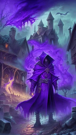 purple blast, evil mage, medieval village in the background