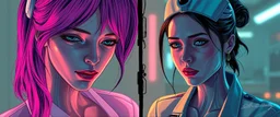 cyberpunk fallout 4, airbrush and pen outline, A cinematic, high-end advertisement image for a fictional service called “Splice Girls Nurses, Rebuilding Bone Structure on Transparent People™”. Split-screen composition with two contrasting emotional states.