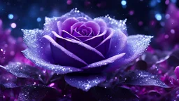 a (frozen:1.1) cosmic rose, the petals glitter with a crystalline shimmer, swirling nebulas, 8k unreal engine photorealism, ethereal lighting, purple, nighttime, darkness, surreal art,