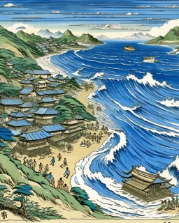 A blue town near a beach painted by Katsushika Hokusai