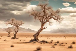 epic clouds, arid land, distant mountains, dry trees, epic