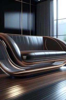 Sophisticated modern-style couch design, futuristic furniture, metal, wood, glass, product photography, ultra-high definition, 8K, hyper-realistic, winning design, 3d render