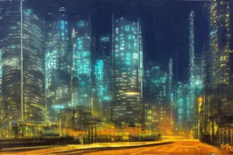 Night, cyberpunk buildings near pine trees, tendency to science fiction, impressionism painting