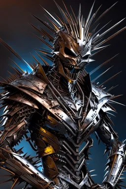 A seemingly sinister humanoid being made entirely of sharpened metal blades and spikes. Photograph.