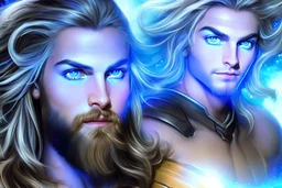 beauty cosmic warrior men with big blu eyes and smiling, wiyh long hair