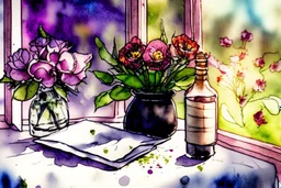 A table in a nice restaurant next to the window, meal, wine and flower on it, melting watercolor and black ink outlines on wet paper, soft, shading strokes, in sunshine, ethereal, otherwordly, cinematic postprocessing, bokeh, dof