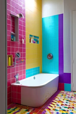 a colorful bathroom, with bathtub in focus and being situated on the left corner, a showerhead attached to the wall and the flooring being of square tiles and nothing else