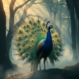 Majestic peacock with elaborate tail display, mystical forest background, soft morning mist, ancient trees with golden light rays, floating sparkles, ethereal atmosphere, dreamlike quality, fantasy setting --ar 1:1 --v 7