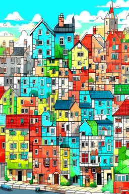 modern Digital Painting of a Jigsaw puzzle of neighborhoods, highly detailed, daylight, colorful