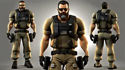 ps2 graphic, military, male, sci fi, game character, full body, t-pose, 3d render, old school shooter, middle aged, beard, ps2 style