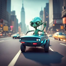 a cartoon alien driving a car down a road in New york, a character portrait by Mike Winkelmann, featured on cgsociety, pop surrealism, rendered in cinema4d, daz3d, behance hd