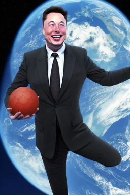 Elon musk holding planet earth in his hands and laughing