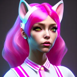 waitress teenager, cat ears latex headband, rounded face, pink hair, pink makeup, striped shirt, vibrant color, highly detailed, gradient background, concept art, smooth, 16 bit, unreal engine 5, god rays, ray tracing, RTX, lumen lighting, ultra detail, volumetric lighting, 3d, finely drawn, high definition, high resolution.