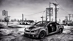 A Tesla's 'Model S Plaid' is racing at top speed, across the post-apocalyptic world of the 'Terminator' movies. CINEMATIC. WIDE ANGLE LENS. PHOTO REAL.