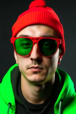 A yung caucasian shaved man with huge black sun glasses and a green winter hat and a red t-shirt