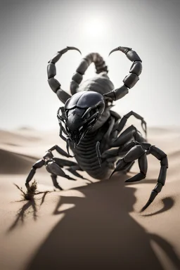 Grey and white image with a black scorpion. Visualize a scorpion navigating the arid, barren expanse of a desert landscape. Portray the scorpion's sleek and menacing form against the backdrop of shifting sands and sun-baked dunes. Emphasize the scorpion's armored exoskeleton and the subtle glint of its eyes.