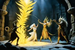 (crazy psychedelic high res photo by Ray Harryhausen) Deities confrontation in a dungeon: Canna's hand rises, fingers outstretched. The golden light concentrates into a glowing tendril that whips through the air like a living thing. The White Witch shifts her weight slightly, but doesn't back away as the tendril wraps around her throat—not crushing, but testing. The golden light pulses against her pale skin.w_triangle_warn