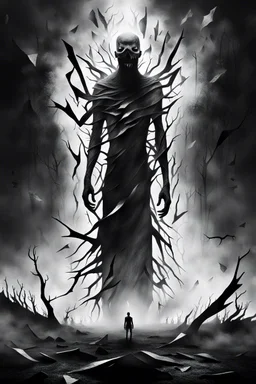 surreal vibe, grayscale, black and white, a caracter dissolving into shadows and fog, body torn into shards of light and darkness. A haunting, nightmare, composition that captures isolation, inner demons, struggle of anxiety. surreal, fog, shadows, atmospheric