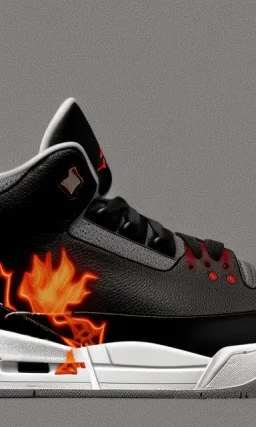 Jordan 3 black sneaker made out of fire. Animation movie style.