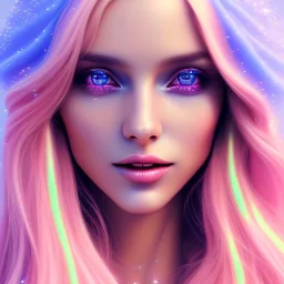 beautiful, soft, big smile face, whole head, long straight blonde hair blues eyes, crown on the head, clothing in transparent bluish and pink veil, background brillante bluish and pink, hight definition, 8K