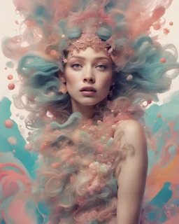 Dynamic underwater ink art by alberto seveso of a young woman in a cute princess outfit in pastels and colorful fun intricate embellishments and geometric patterns and designs, cute colorful lighting (high definition)++, photography, cinematic, detailed character portrait, ++detailed and intricate environment, strong breeze, ++, detailed and intricate environment