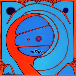 French surrealism animation art from 1970s, illustration of large blue alienoid creatures, mesmerizing, hallucinogenic tones, strange, creepy cutout style of animation of phantamosgoric giant blue alien with red eyes, Czech animation tradition, art by Roland Toper, Dali-esc environment, trance-like, Fantastic Planet aliens